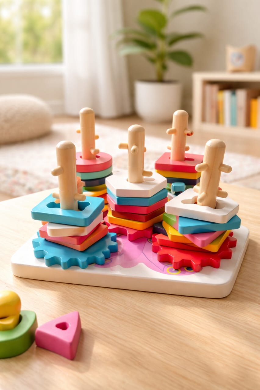 Wooden Geometric Shape Sorter & Stacking Puzzle